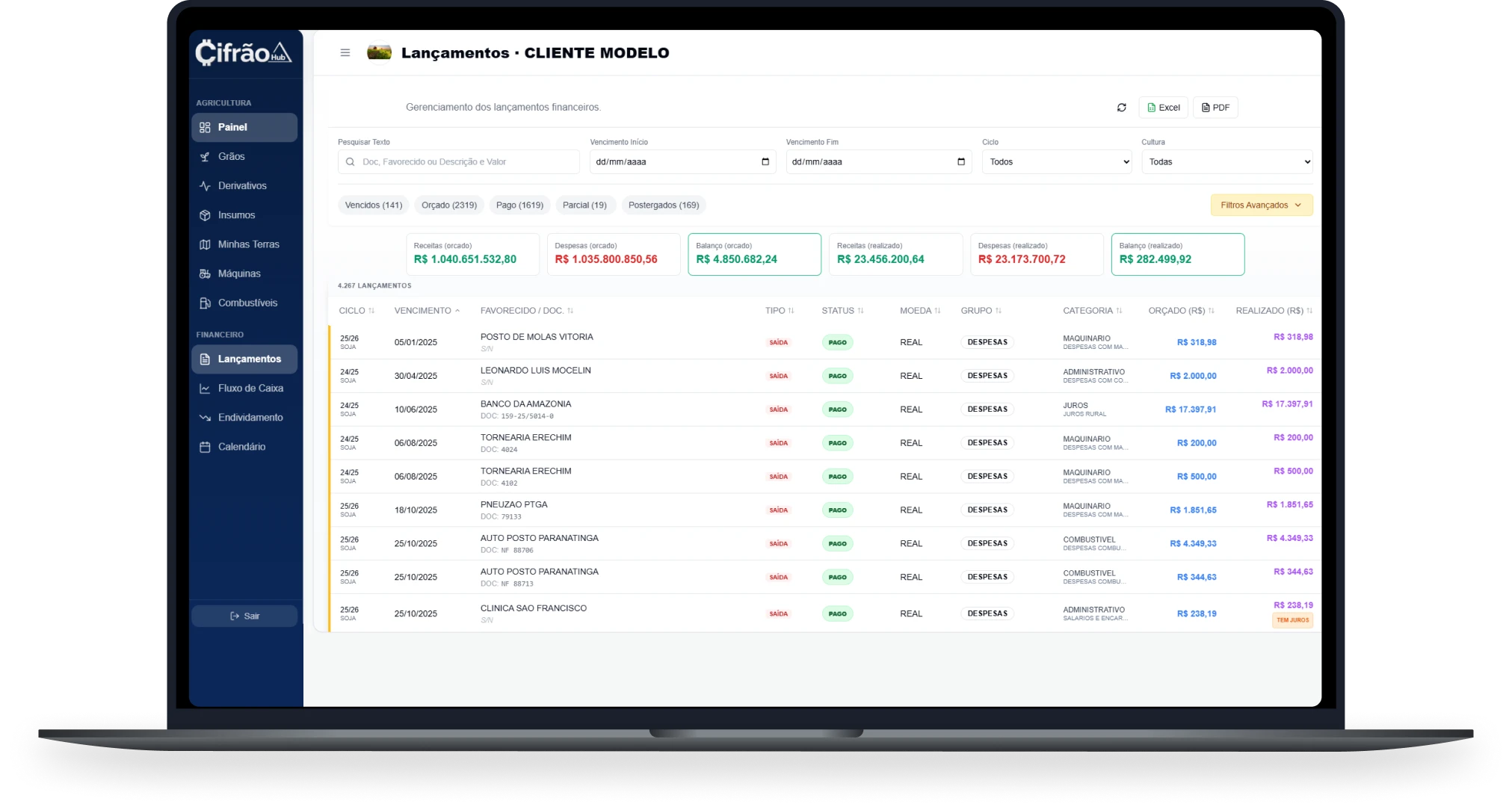 Dashboard do Cifrão Hub mostrando indicadores da fazenda